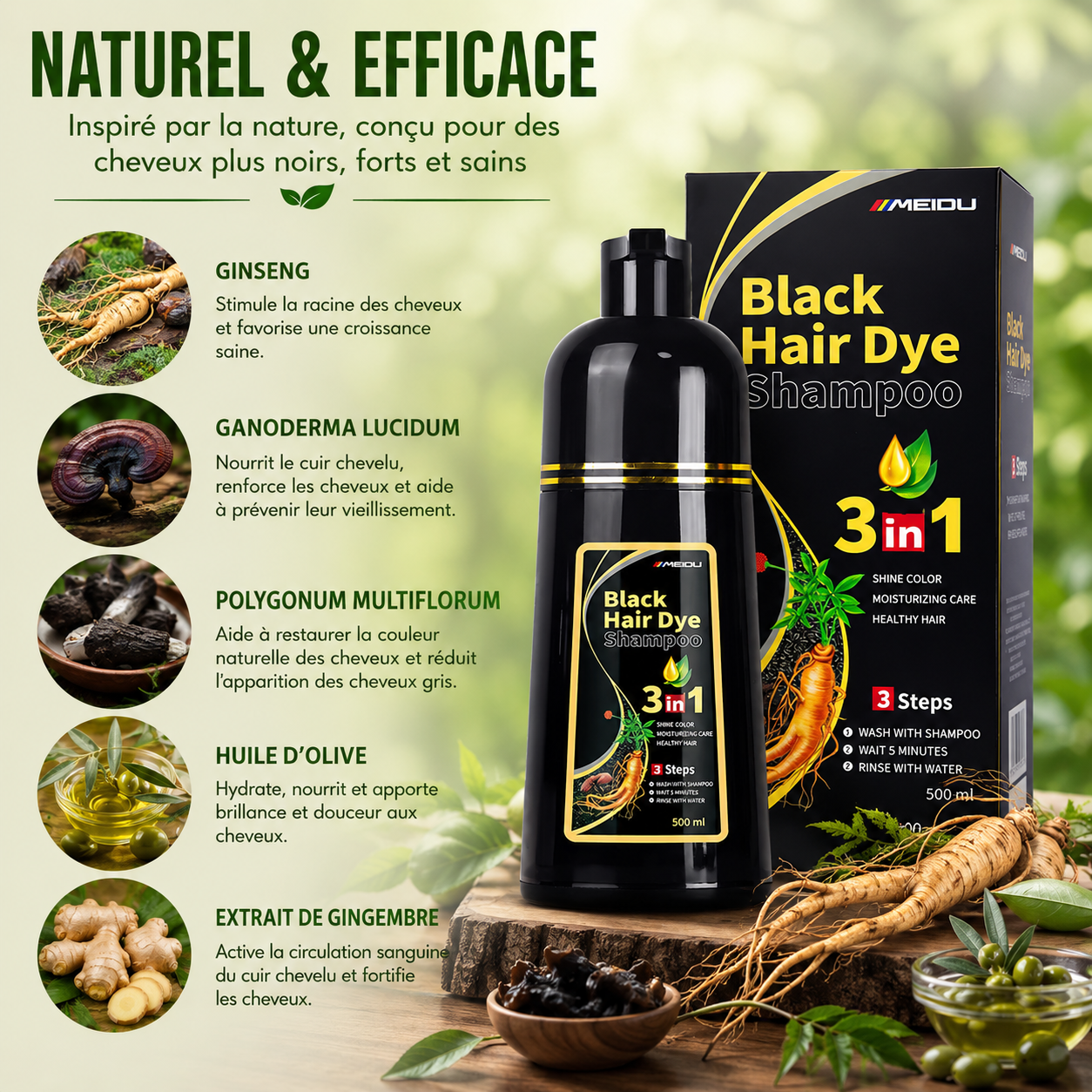 Le secret des cheveux noirs sublimes : Shampoing Black Hair 3 en 1 (T-N)